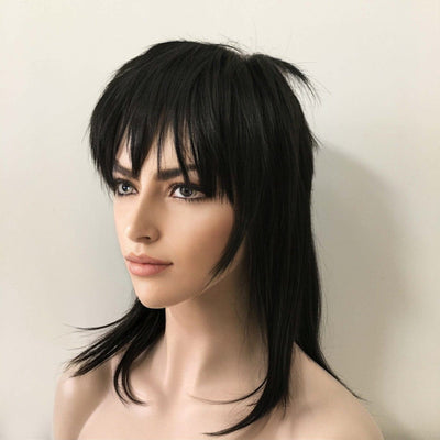 Women Black Wolf Cut Medium-Length Straight Fringe Bangs Punk Mullet Cosplay Wig