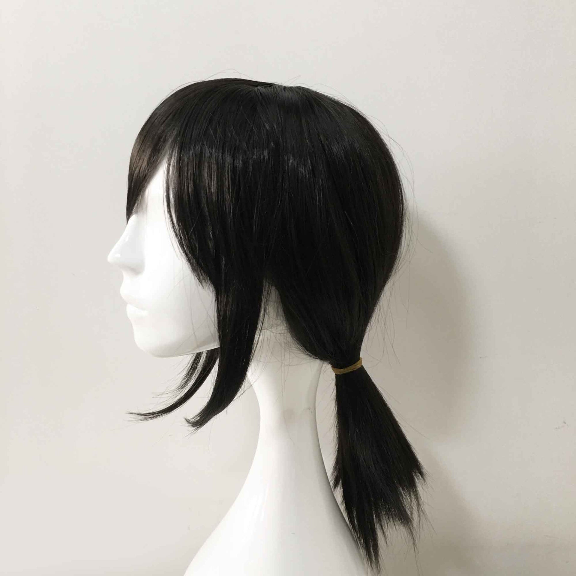 nevermindyrhead Women Black Medium Length Straight Side Swept Bangs Sideburns Ponytail Cosplay Wig