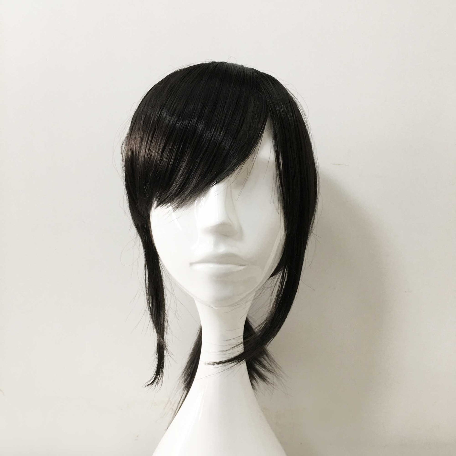 nevermindyrhead Women Black Medium Length Straight Side Swept Bangs Sideburns Ponytail Cosplay Wig