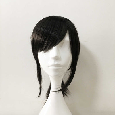 Women Black Medium Length Straight Side Swept Bangs Sideburns Ponytail Cosplay Wig