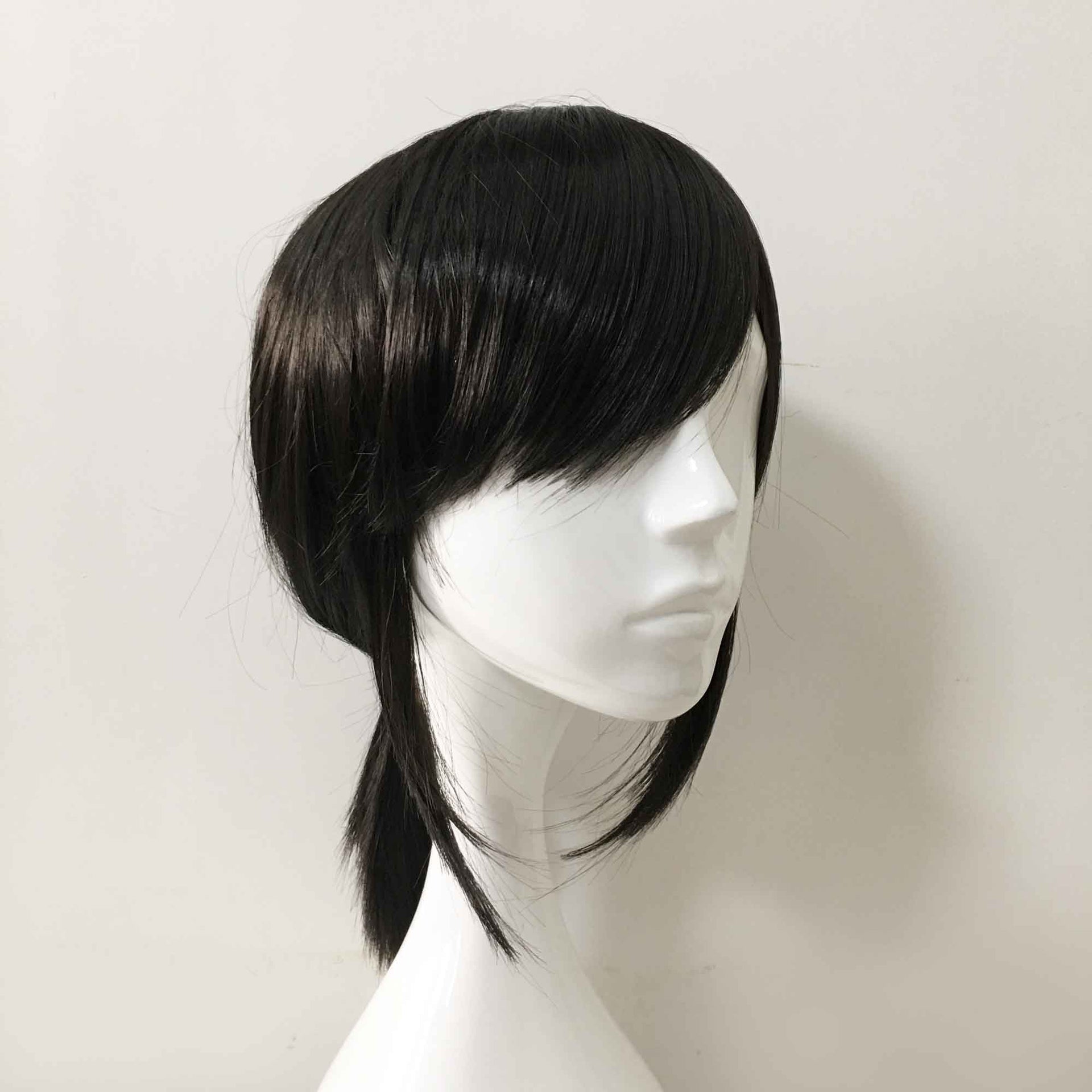 nevermindyrhead Women Black Medium Length Straight Side Swept Bangs Sideburns Ponytail Cosplay Wig