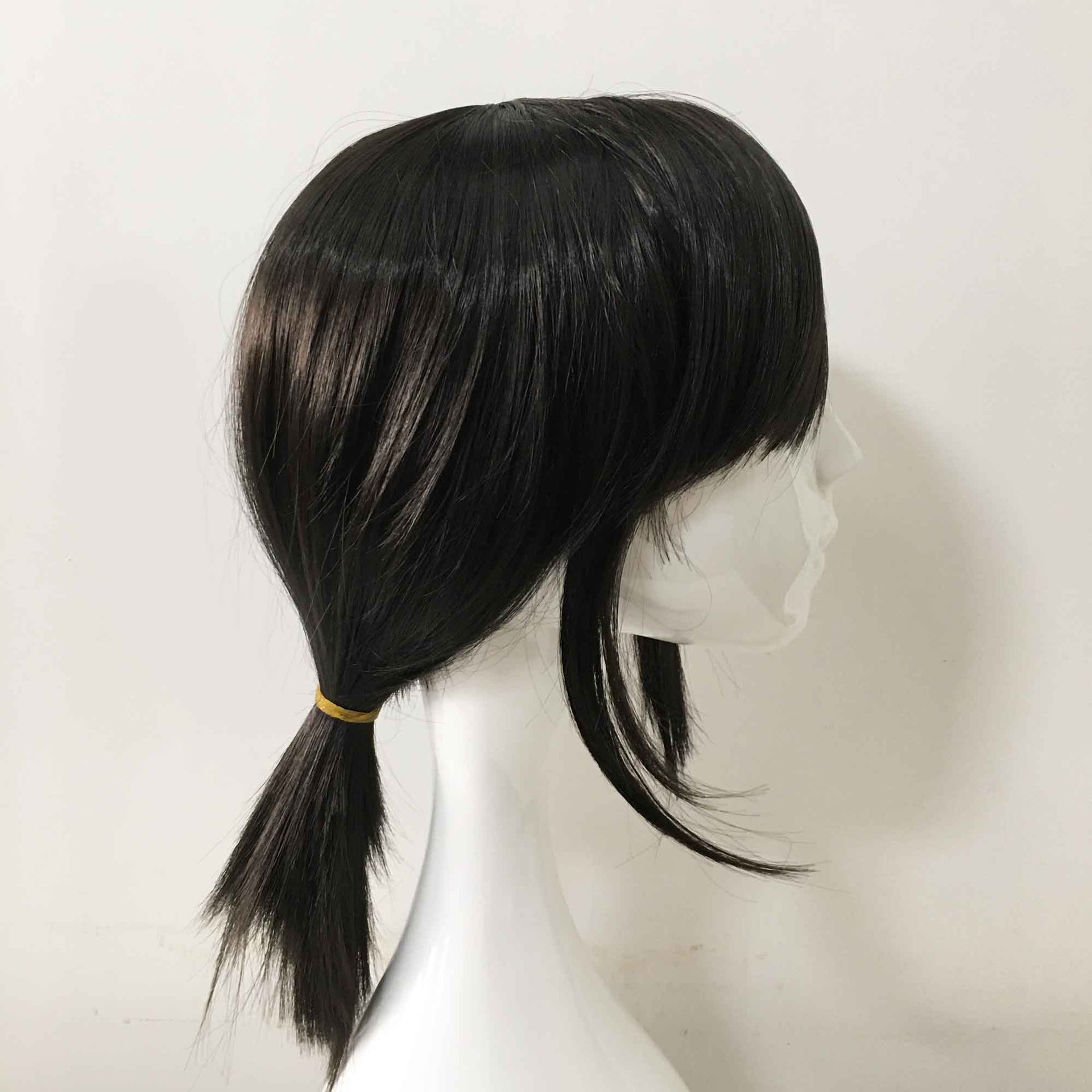 nevermindyrhead Women Black Medium Length Straight Side Swept Bangs Sideburns Ponytail Cosplay Wig