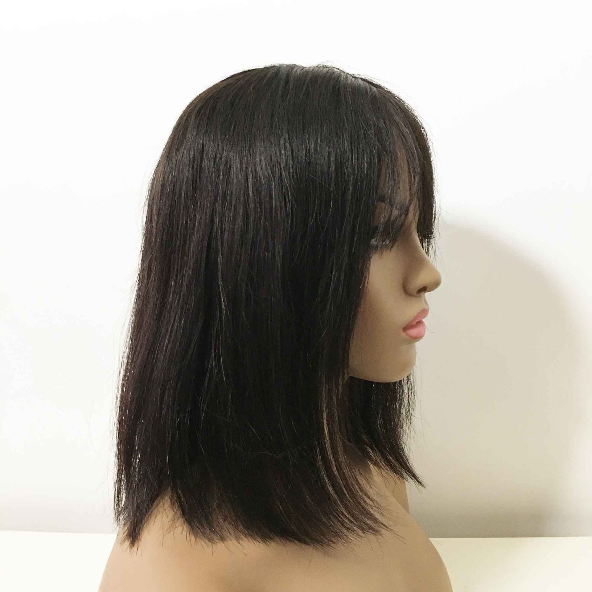 nevermindyrhead Women Black Real Human Hair Medium Length Straight Bob Fringe Bangs Wig