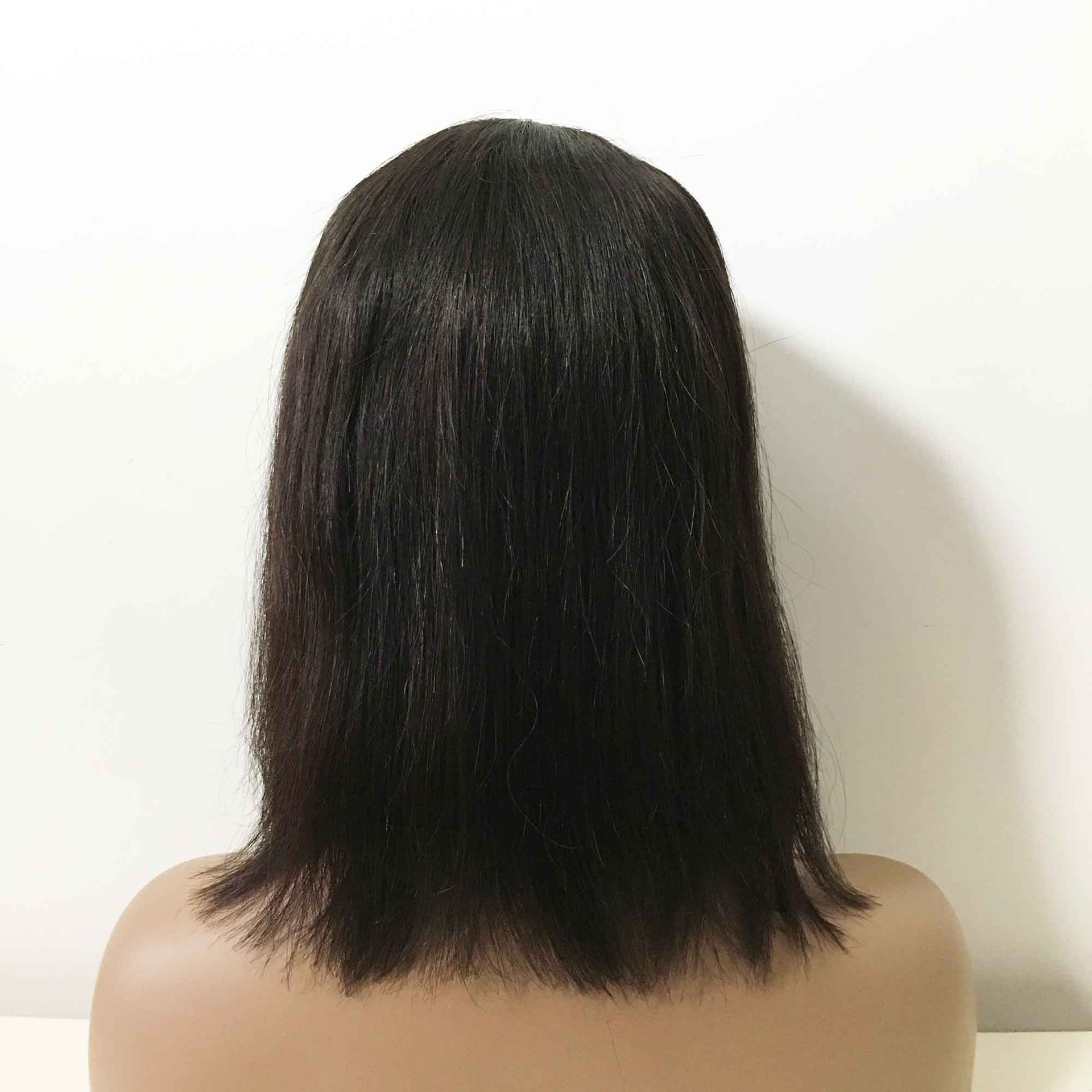 nevermindyrhead Women Black Real Human Hair Medium Length Straight Bob Fringe Bangs Wig