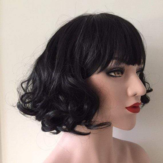 nevermindyrhead Women Black Short Curly Fringe Bangs Side Part Wig