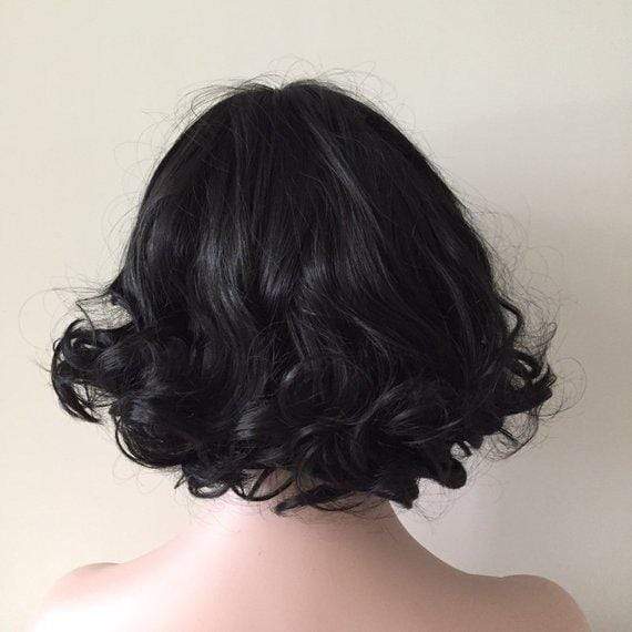 nevermindyrhead Women Black Short Curly Fringe Bangs Side Part Wig
