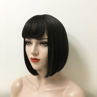 Women Black Short Straight Bob A-Line Fringe Bangs Wig