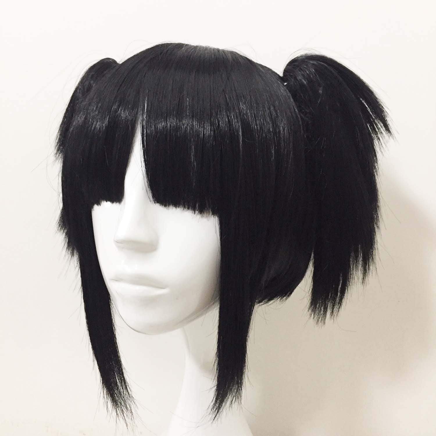 nevermindyrhead Women Black Short Straight Detachable Ponytails Blunt Bangs Cosplay Wig