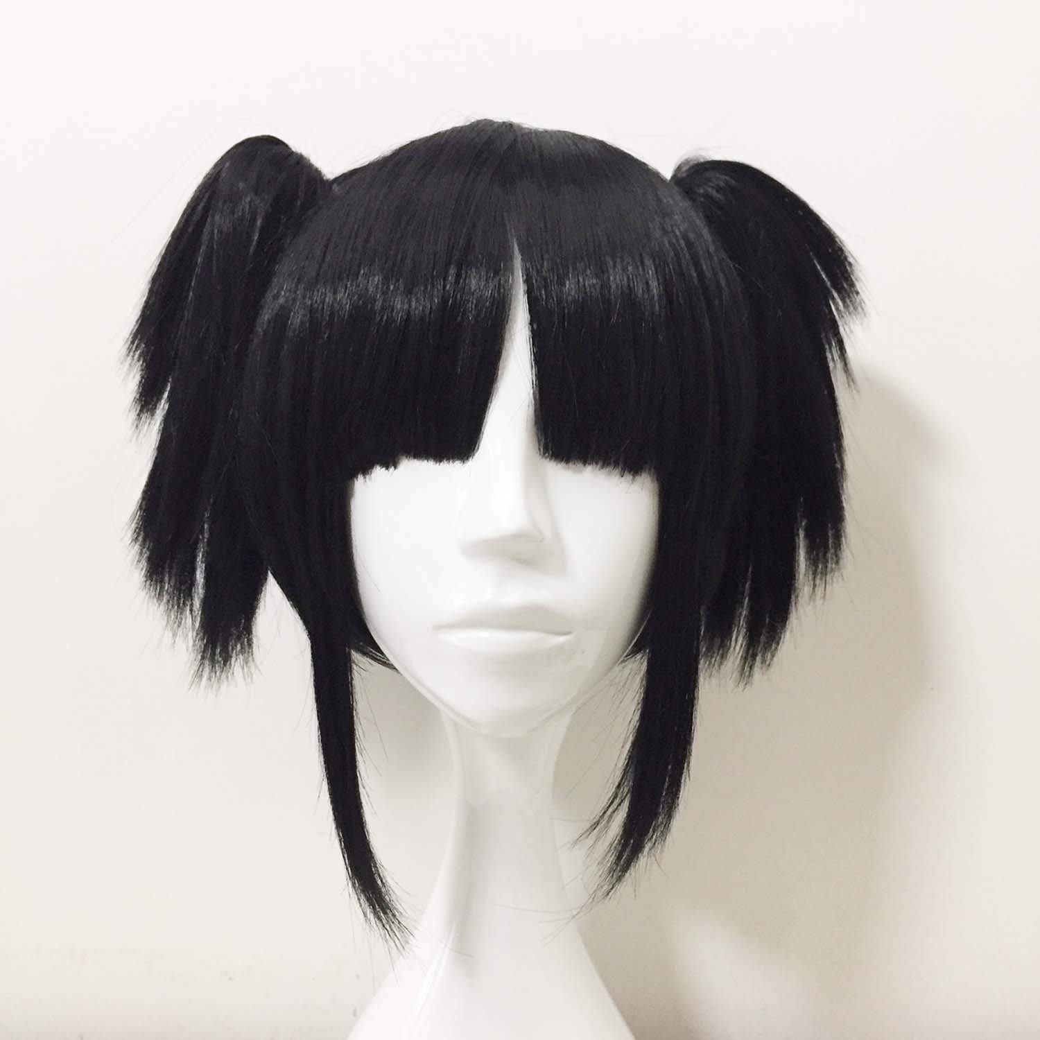 nevermindyrhead Women Black Short Straight Detachable Ponytails Blunt Bangs Cosplay Wig