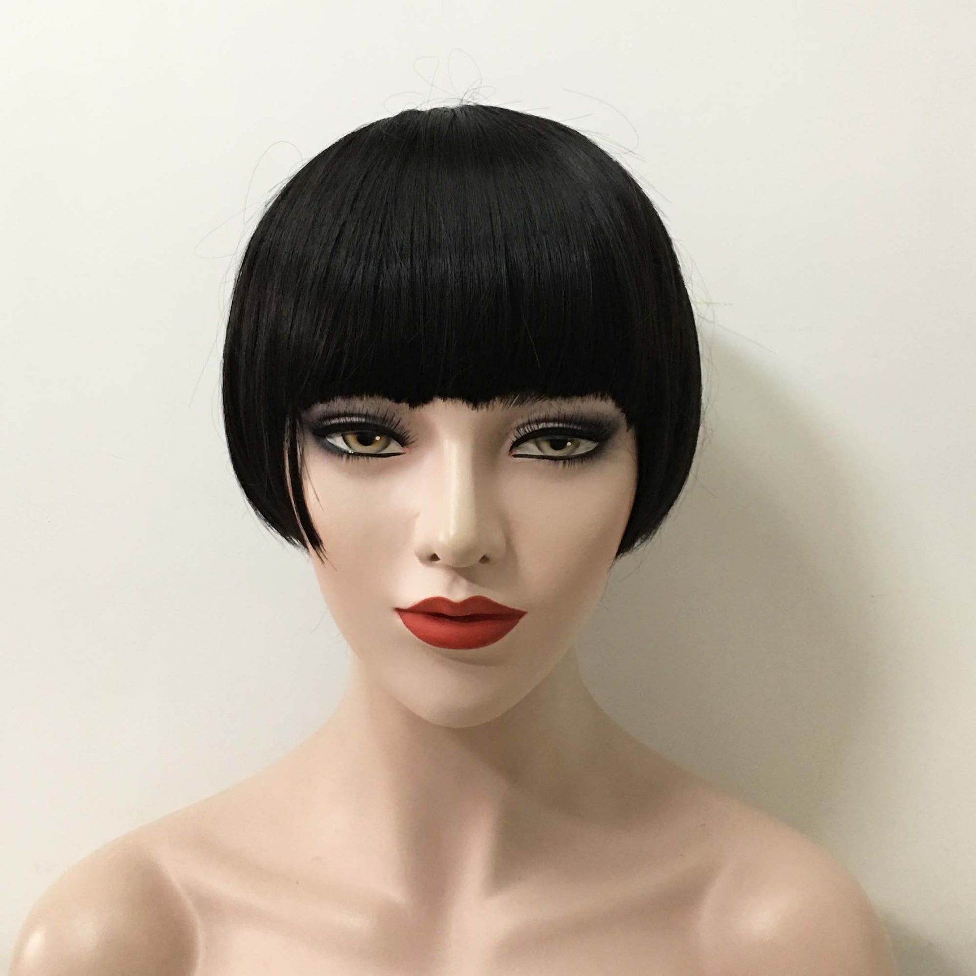 nevermindyrhead Women Black Short Straight Round Bob Full Blunt Bangs Wig