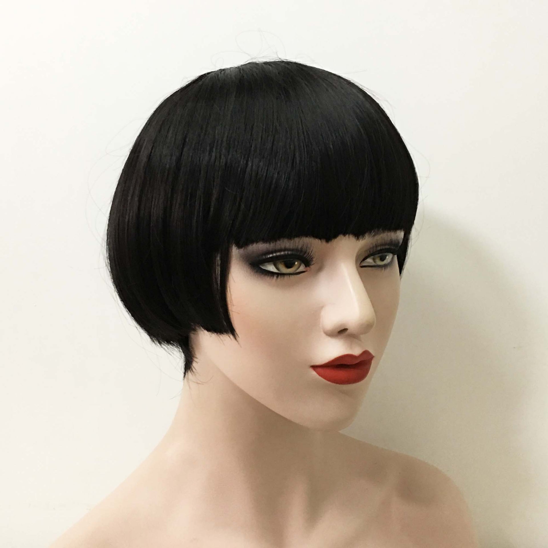 nevermindyrhead Women Black Short Straight Round Bob Full Blunt Bangs Wig