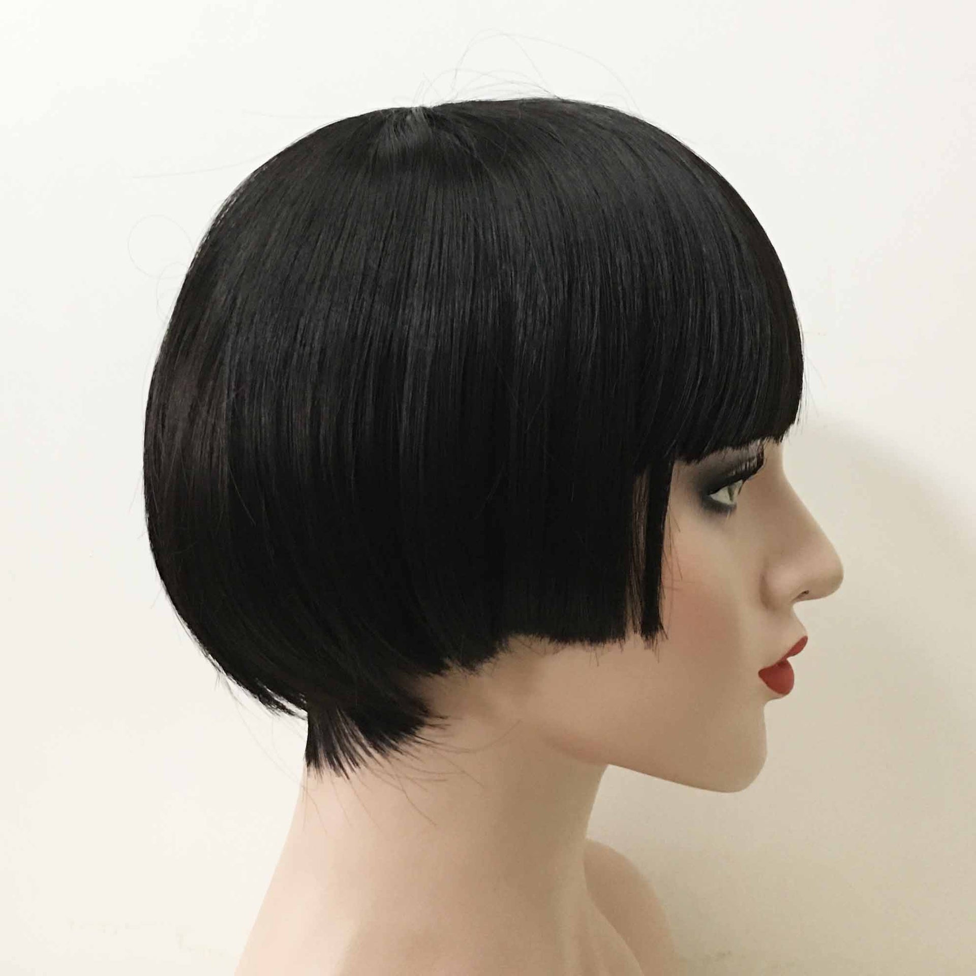 nevermindyrhead Women Black Short Straight Round Bob Full Blunt Bangs Wig