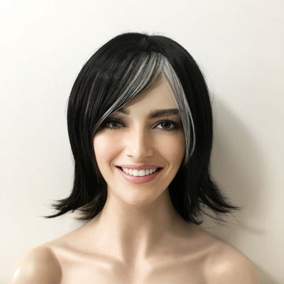 Women Black White Highlight Short Straight Flick Out Wig