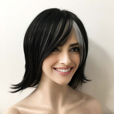Women Black White Highlight Short Straight Flick Out Wig