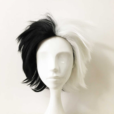 Women Black White Short Straight Slicked Back Layered Cosplay Wig