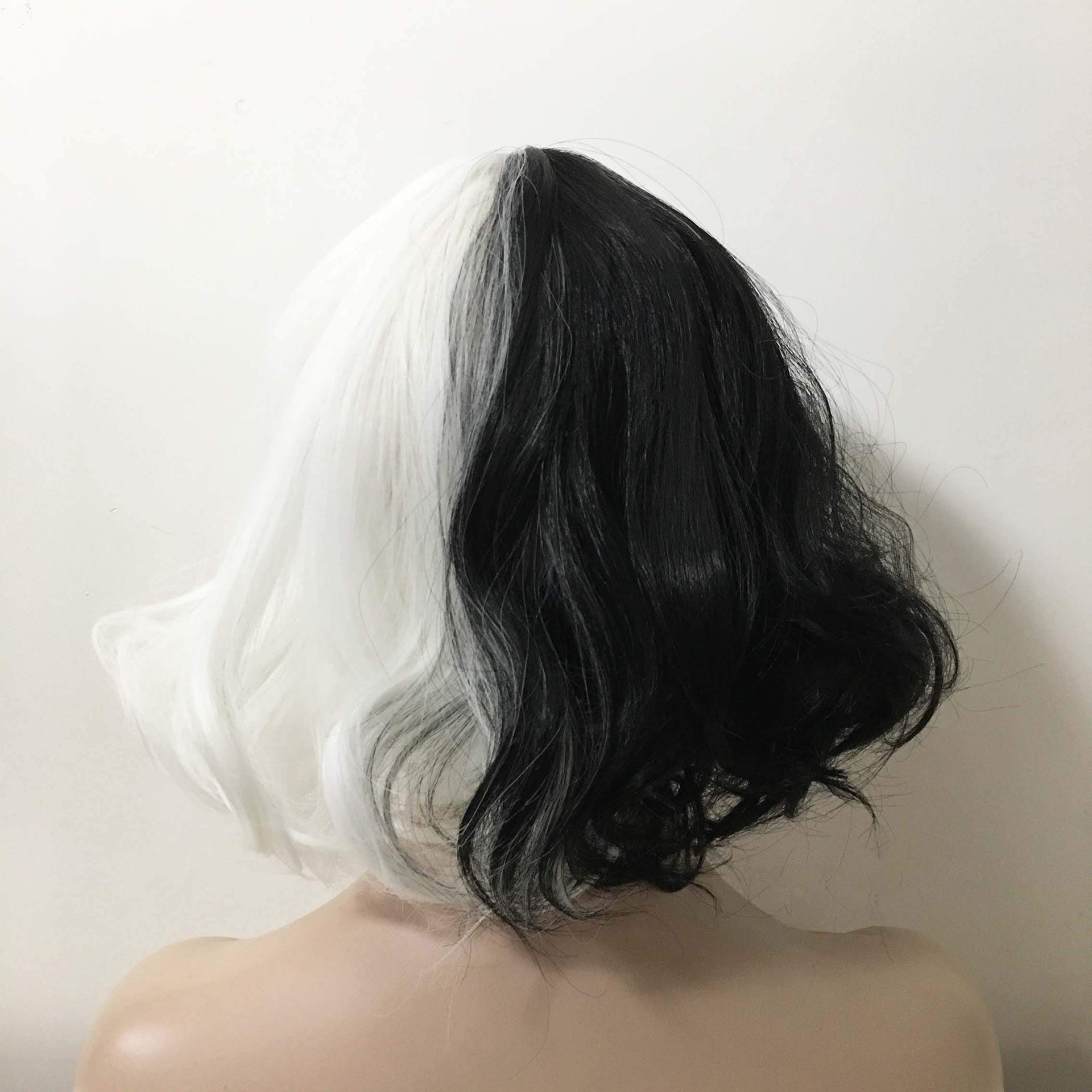 nevermindyrhead Women Black White Split Color Short Curly Blunt Bangs Wig
