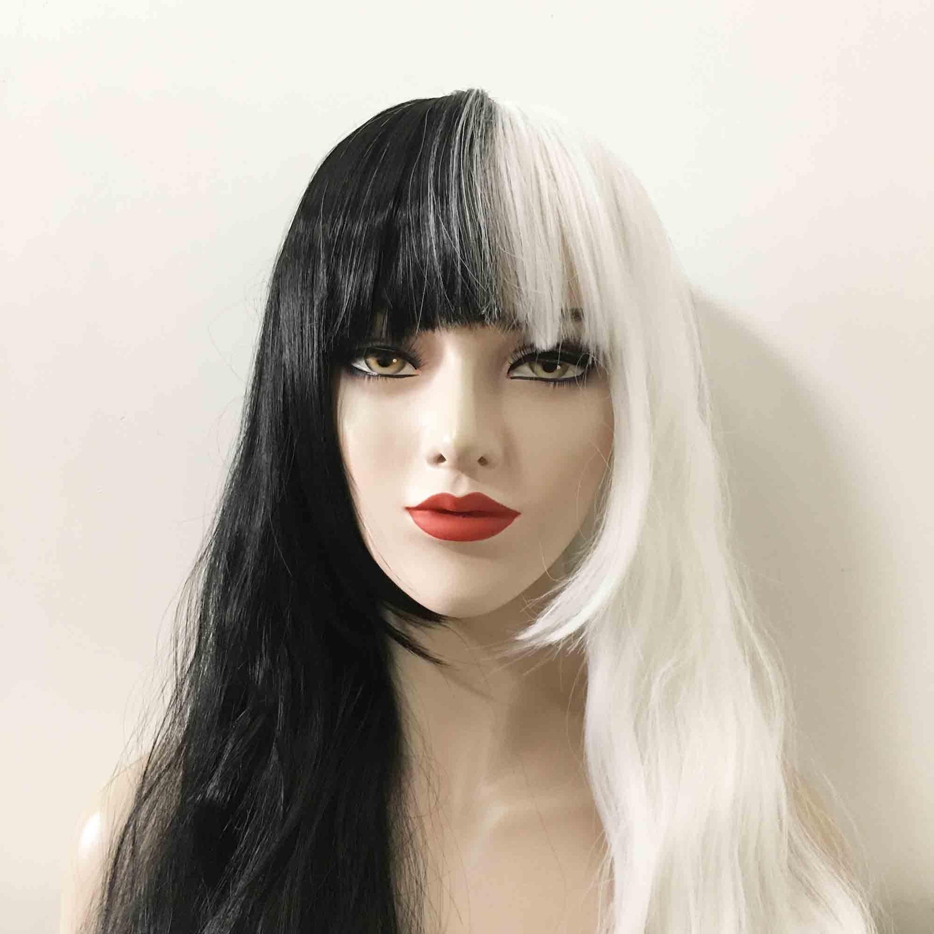 nevermindyrhead Women Black White Split Colors Long Curly Blunt Bangs Cosplay Wig