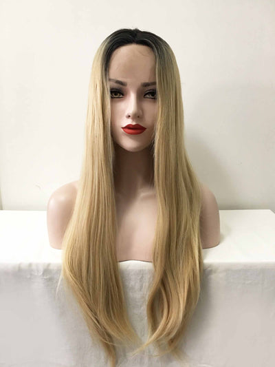 Women Blonde Dark Root Long Straight Middle Part Wig