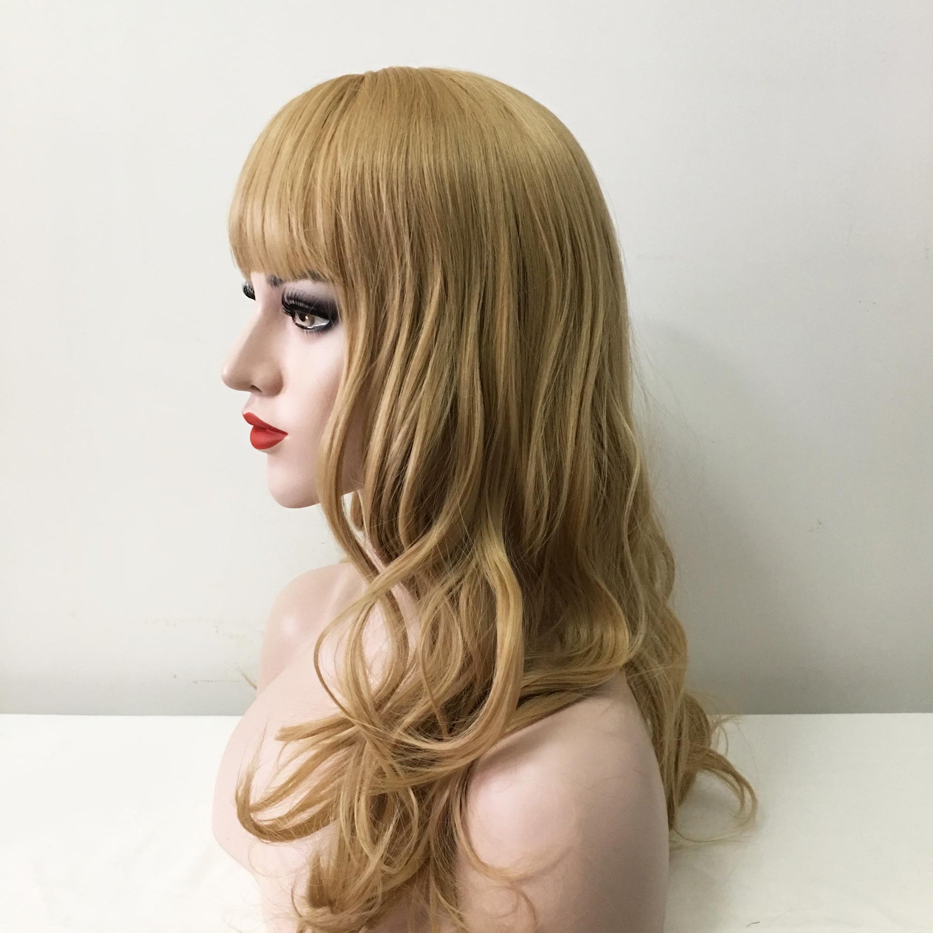 nevermindyrhead Women Blonde Long Curly Blunt Bangs Wig