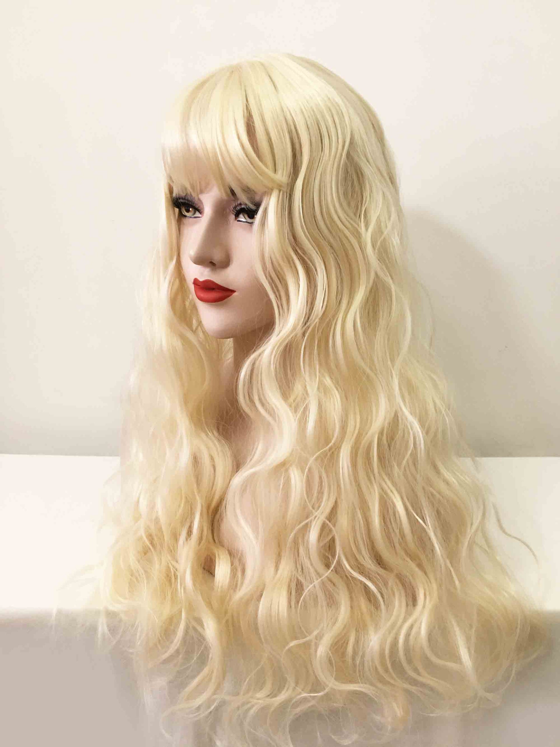 nevermindyrhead Women Blonde Long Curly Fringe Bangs Wig