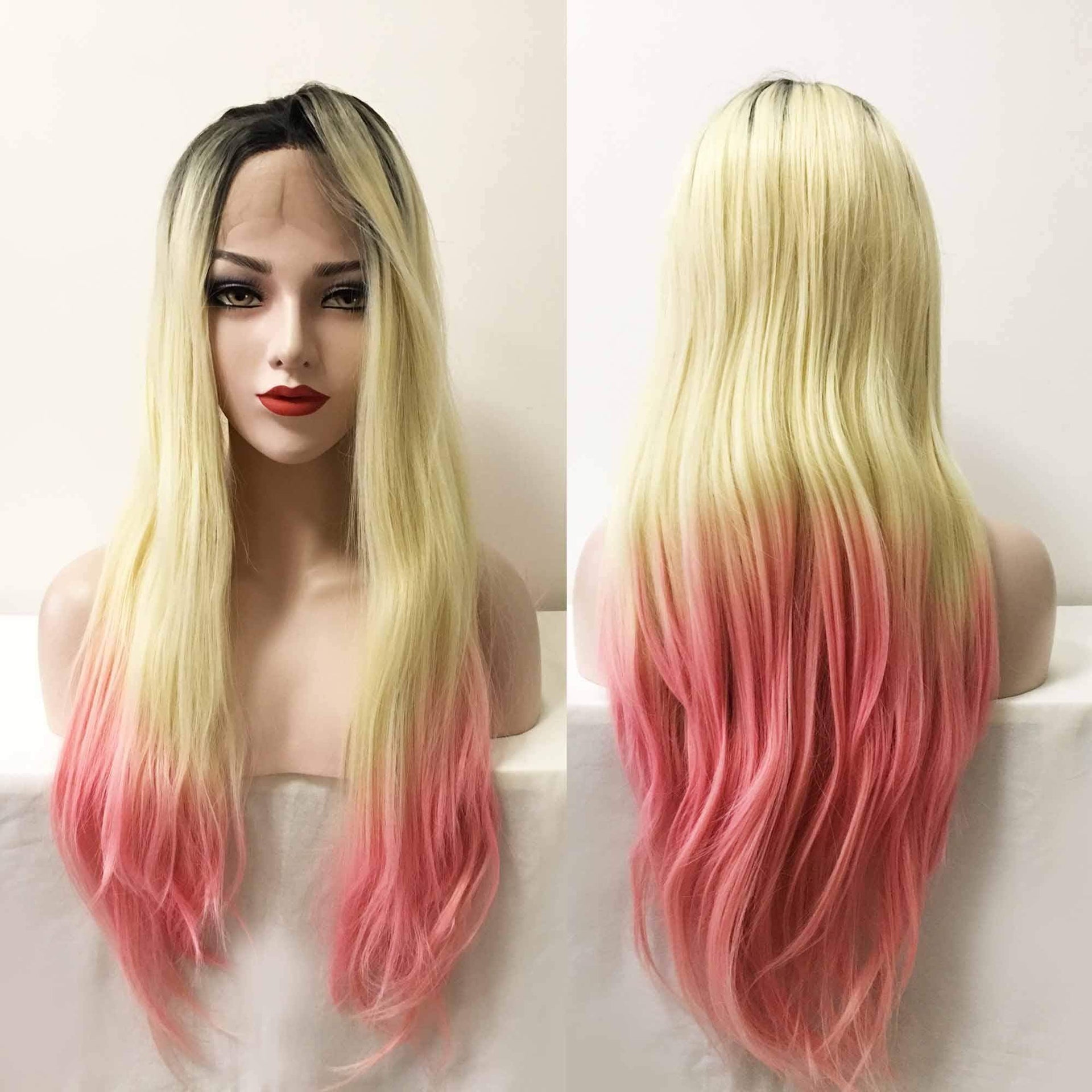 nevermindyrhead Women Blonde Ombre Pink Dark Root Lace Front Long Straight Middle Part Wig
