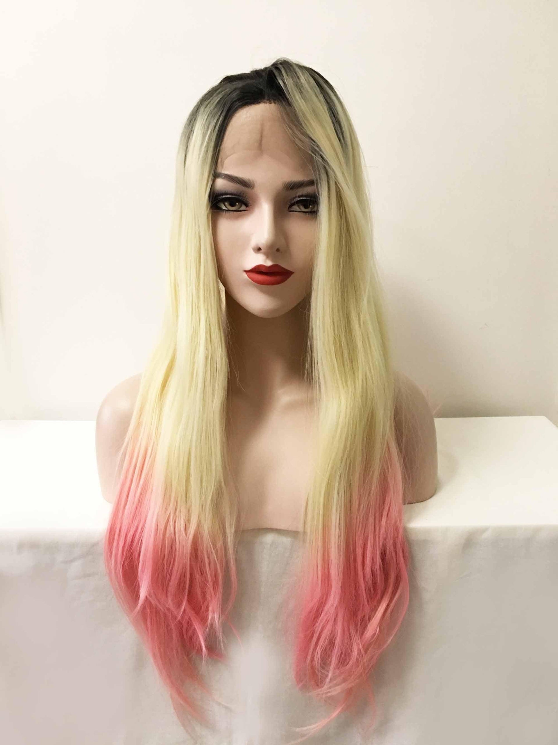 nevermindyrhead Women Blonde Ombre Pink Dark Root Lace Front Long Straight Middle Part Wig