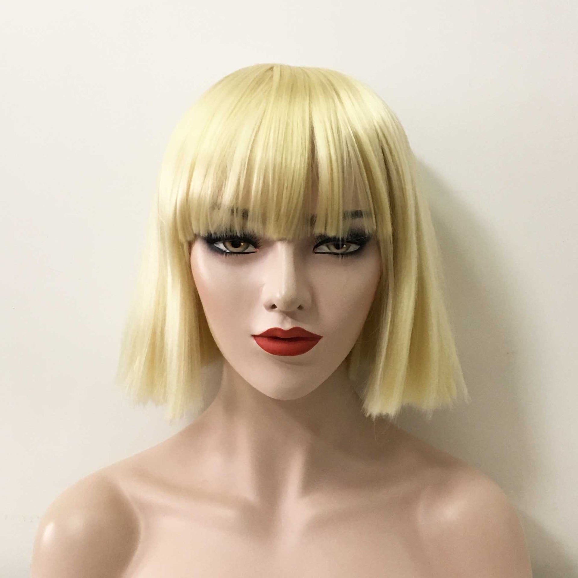 nevermindyrhead Women Blonde Short Straight Bob Yaki Fringe Bangs Wig