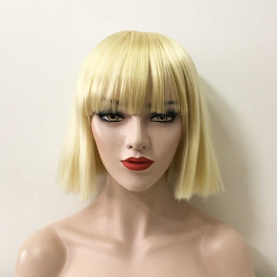 Women Blonde Short Straight Bob Yaki Fringe Bangs Wig