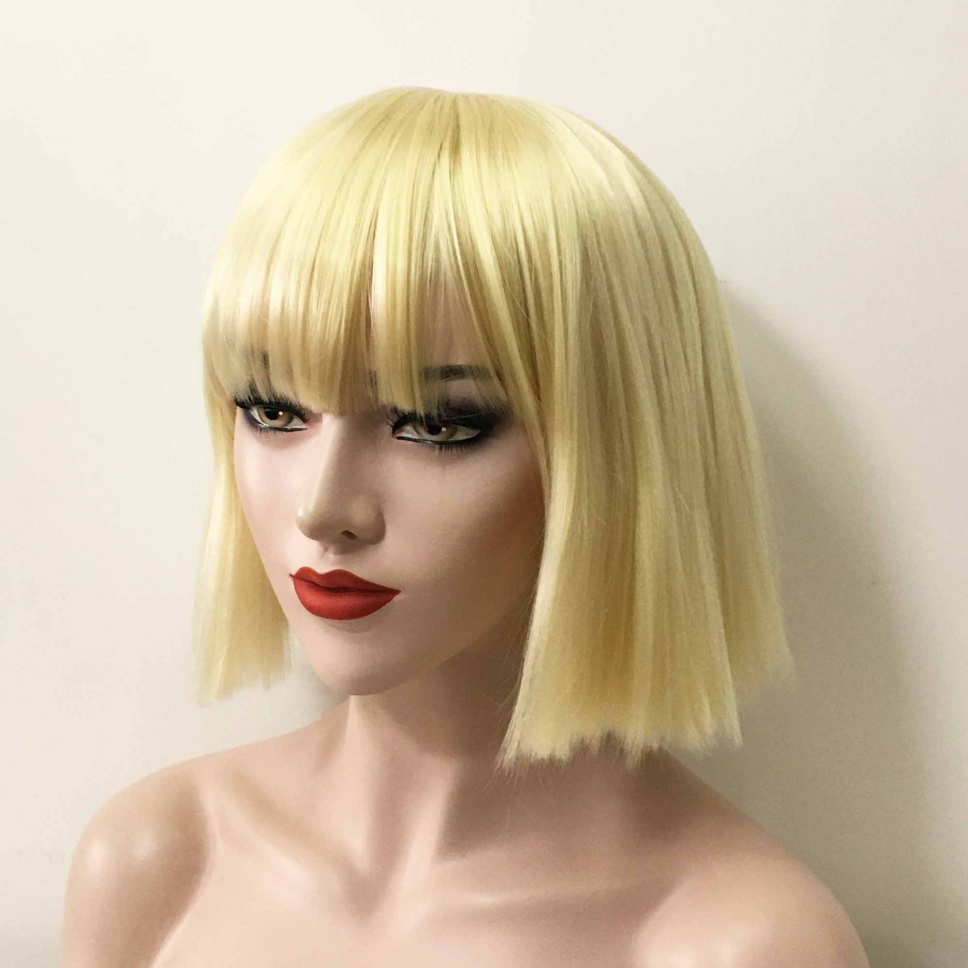 nevermindyrhead Women Blonde Short Straight Bob Yaki Fringe Bangs Wig