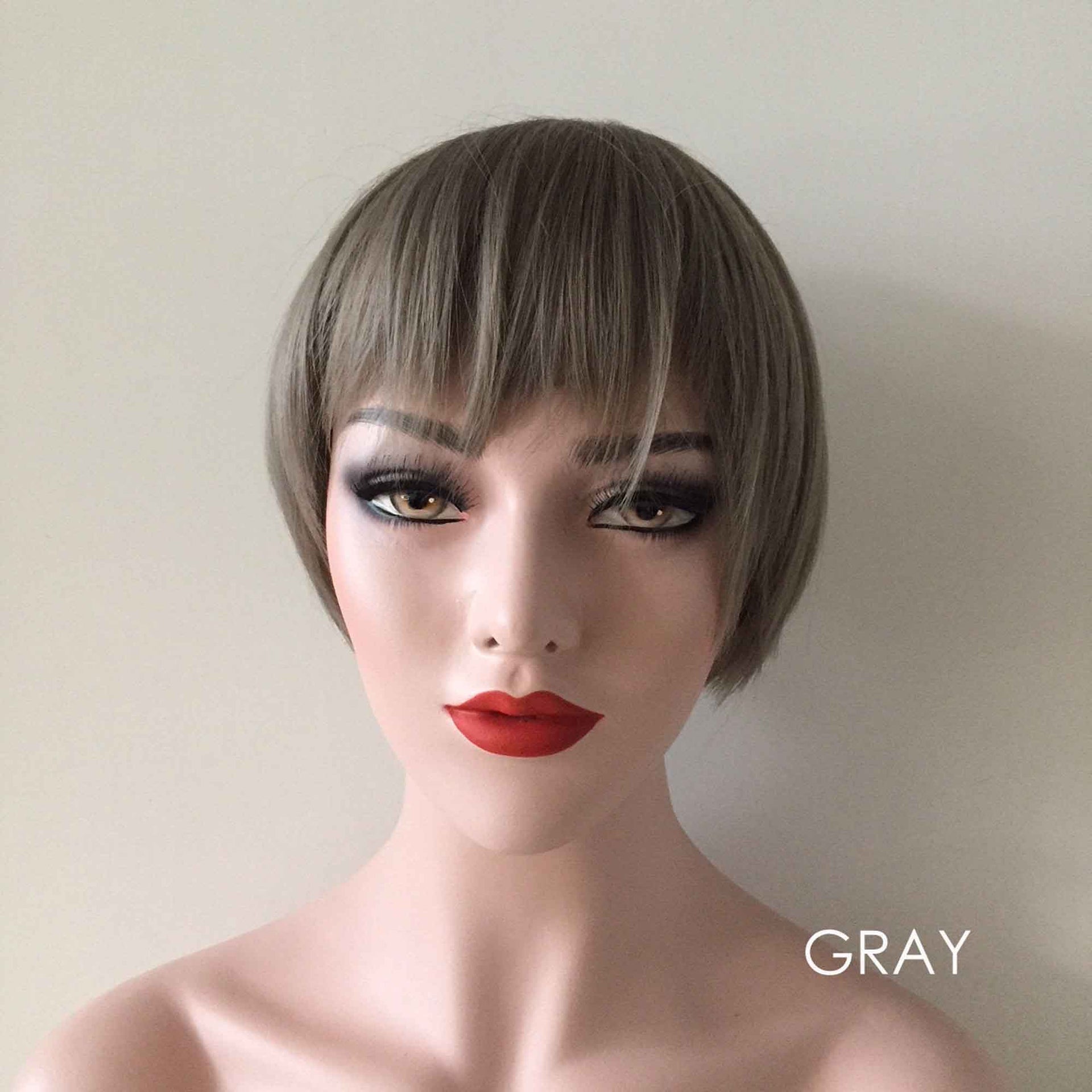 nevermindyrhead Women Brown Black Short Straight Bob Pixie Fringe Bangs Wig Gray