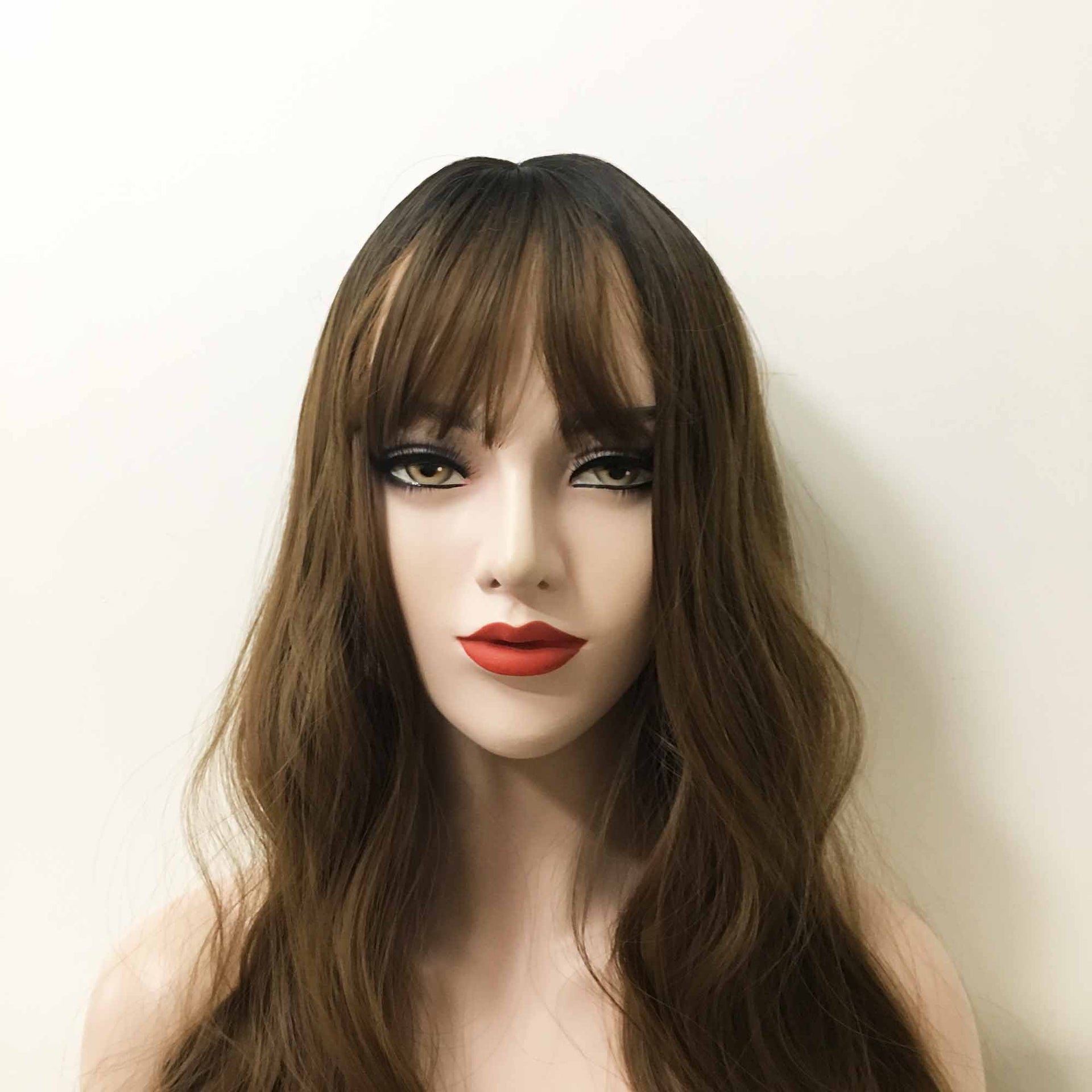 nevermindyrhead Women Brown Dark Root Long Curly Fringe Bangs Wig