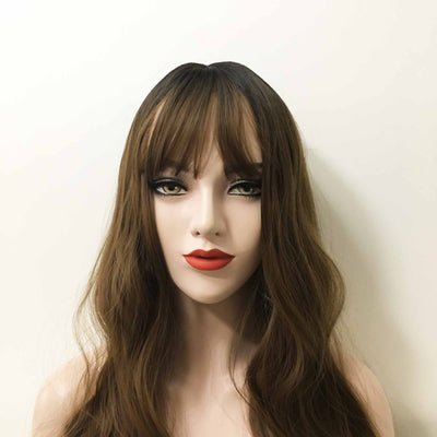 Women Chocolate Brown Dark Root Long Curly Fringe Bangs Wig