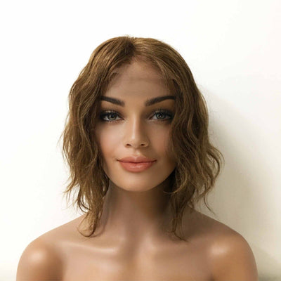 Women Brown Human Hair Lace Front Short Curly Middle Part Wig
