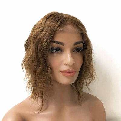 Women Brown Human Hair Lace Front Short Curly Middle Part Wig