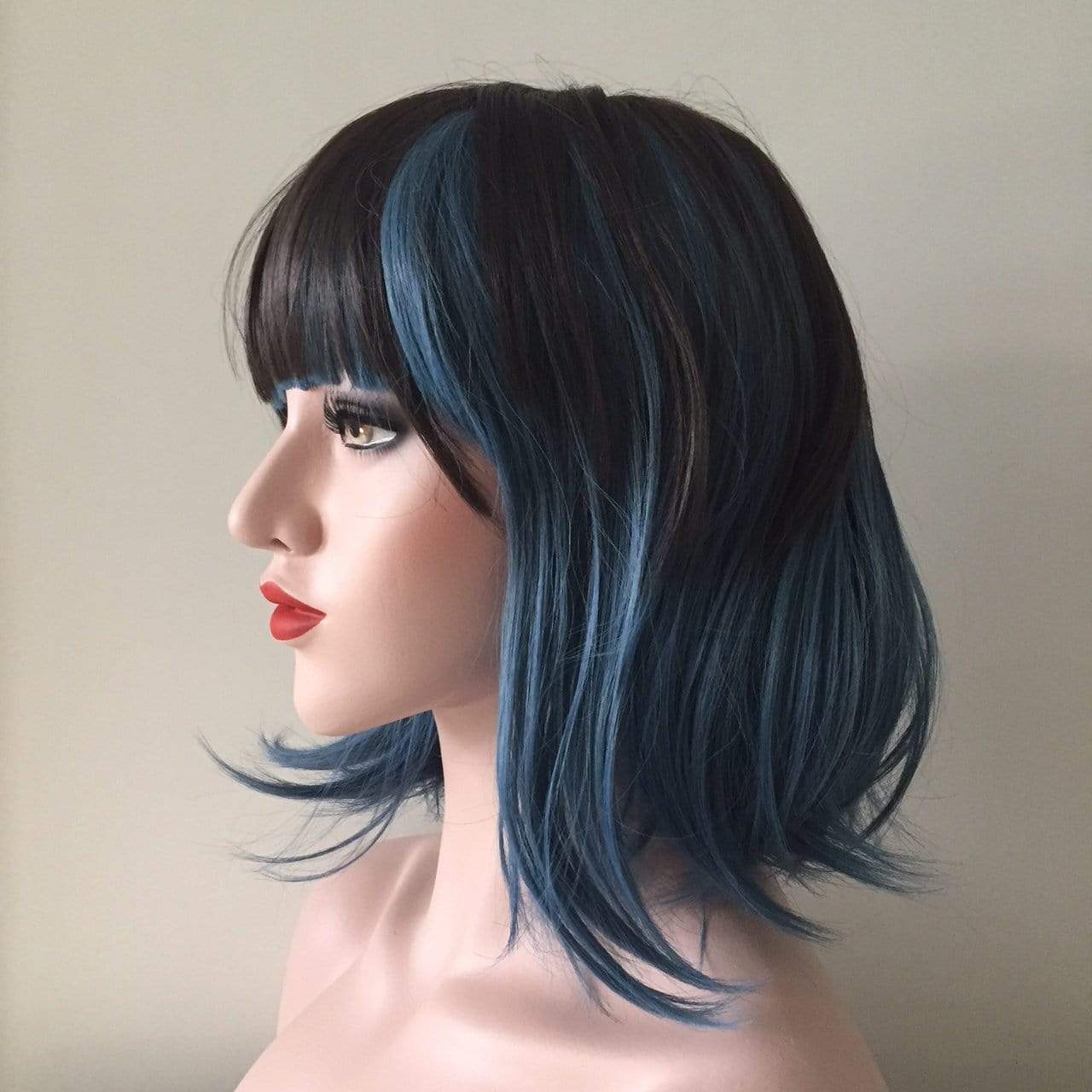 nevermindyrhead Women Dark Brown Blue Two-Tone Medium Length Bob Blunt Bangs Wig