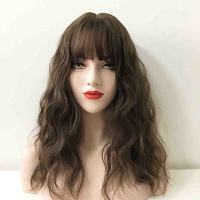 Women Dark Brown, Dark Pink, Black Long Curly Fringe Bangs Choppy Wig