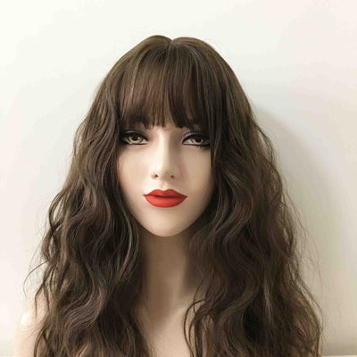 Women Dark Brown, Dark Pink, Black Long Curly Fringe Bangs Choppy Wig