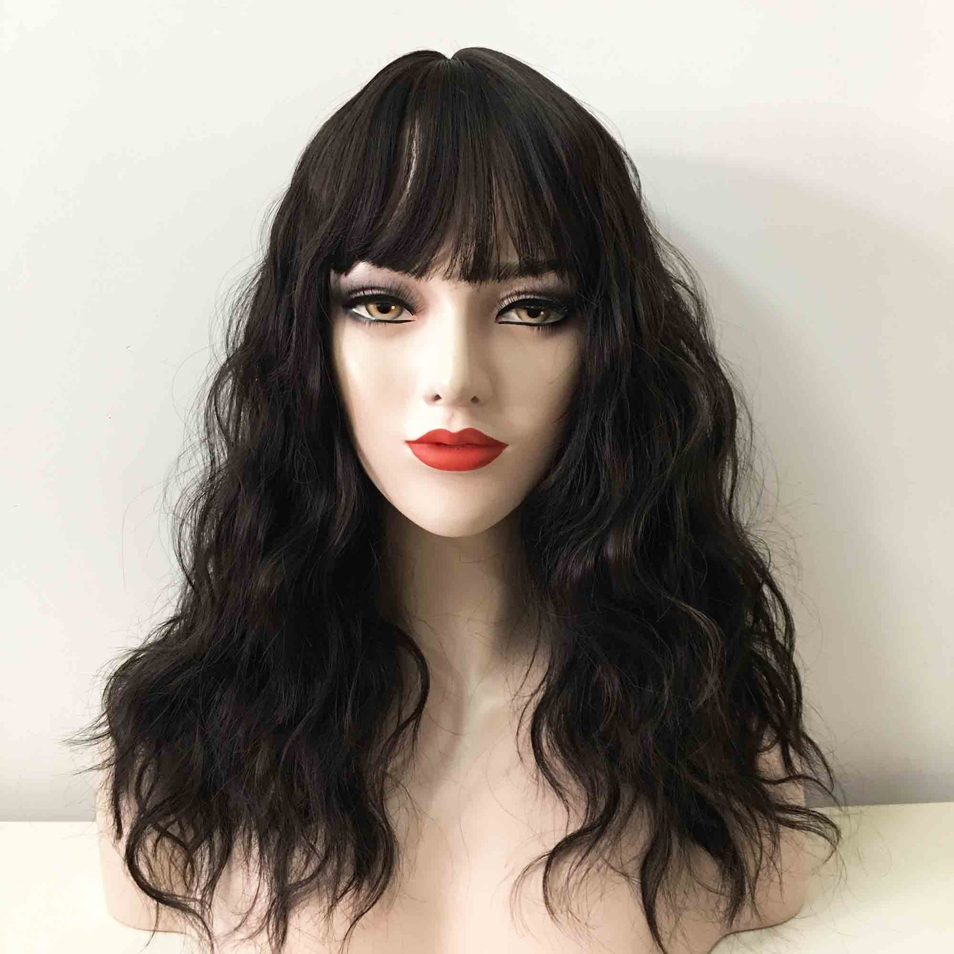 nevermindyrhead Women Dark Brown, Dark Pink, Black Long Curly Fringe Bangs Choppy Wig