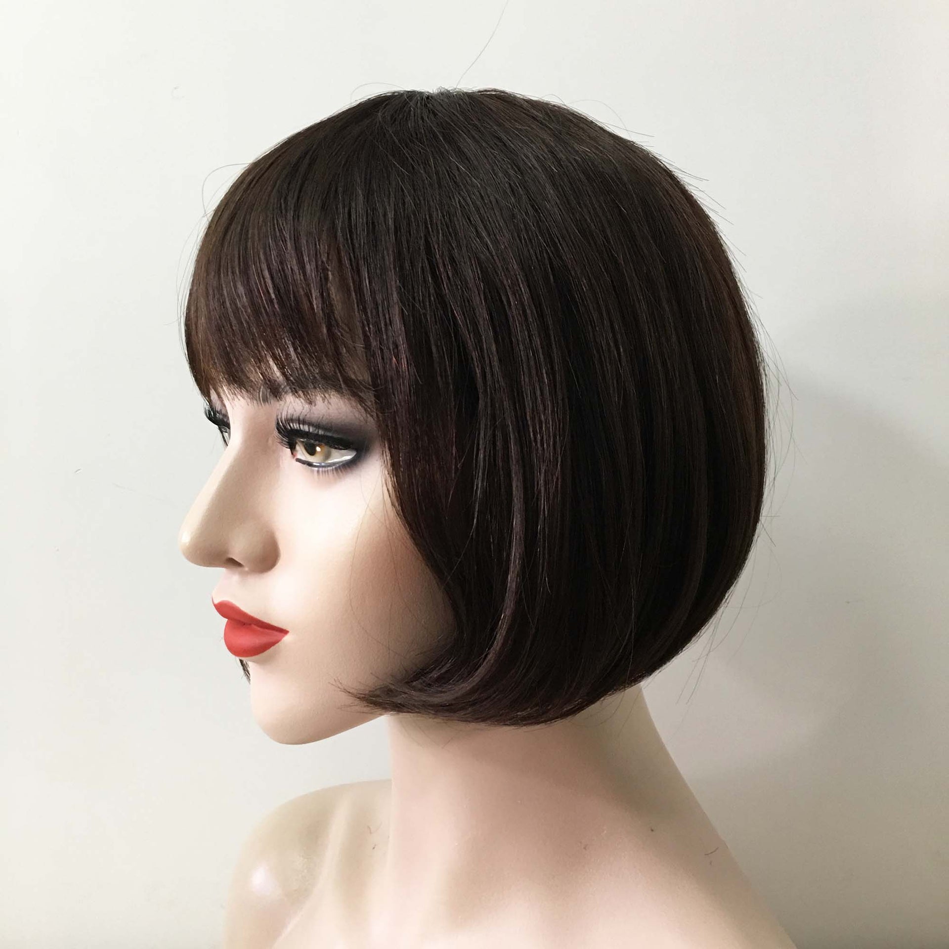 nevermindyrhead Women Dark Brown Human Hair Short Straight Bob Fringe Bangs Wig