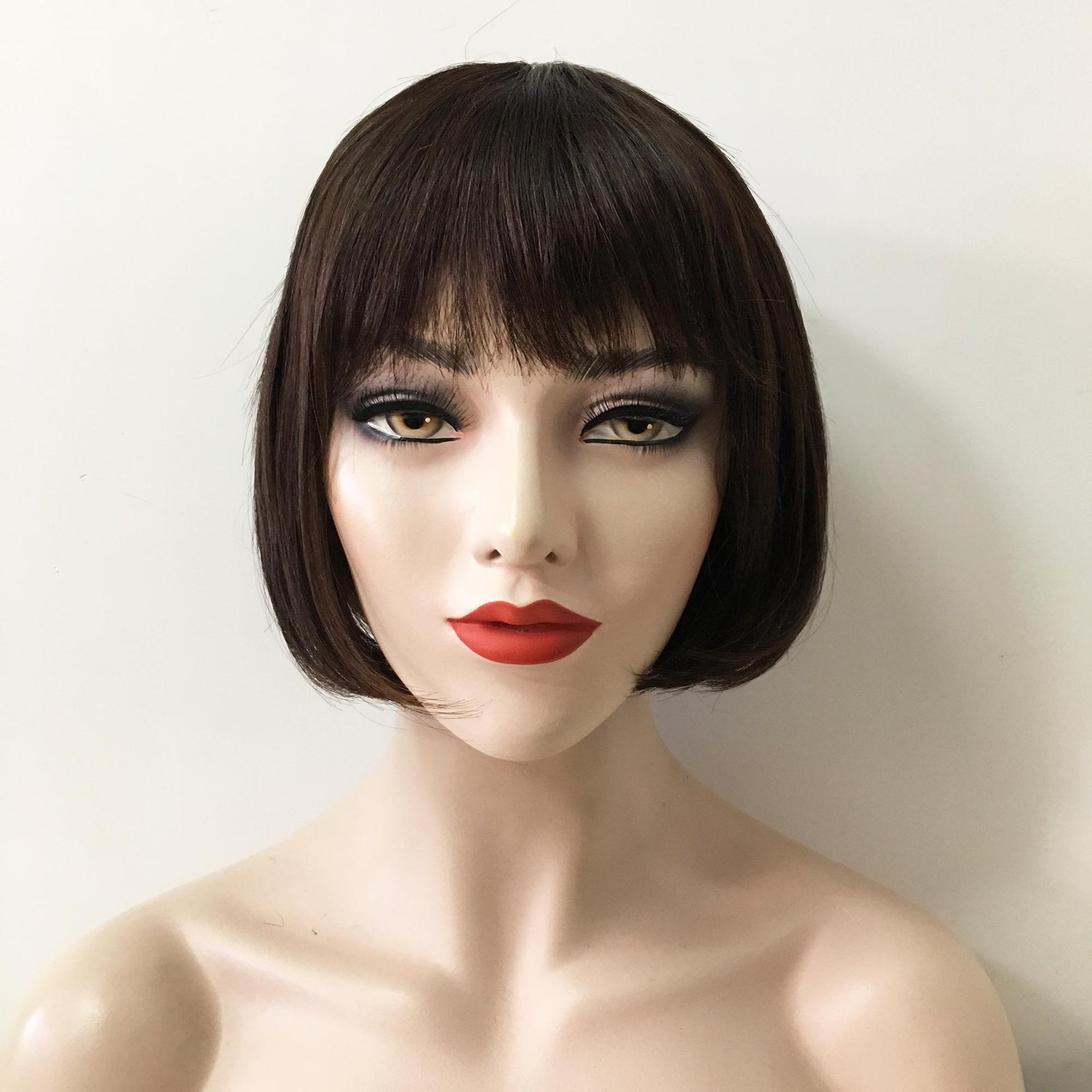 nevermindyrhead Women Dark Brown Human Hair Short Straight Bob Fringe Bangs Wig