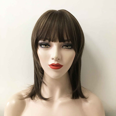 Women Dark Brown Medium Length Straight Fringe Bangs Mullet Wolf Cut Wig