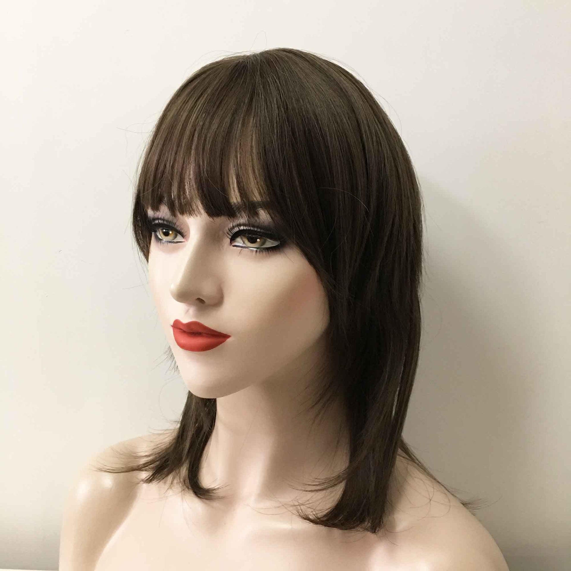 nevermindyrhead Women Dark Brown Medium Length Straight Fringe Bangs Mullet Wolf Cut Wig