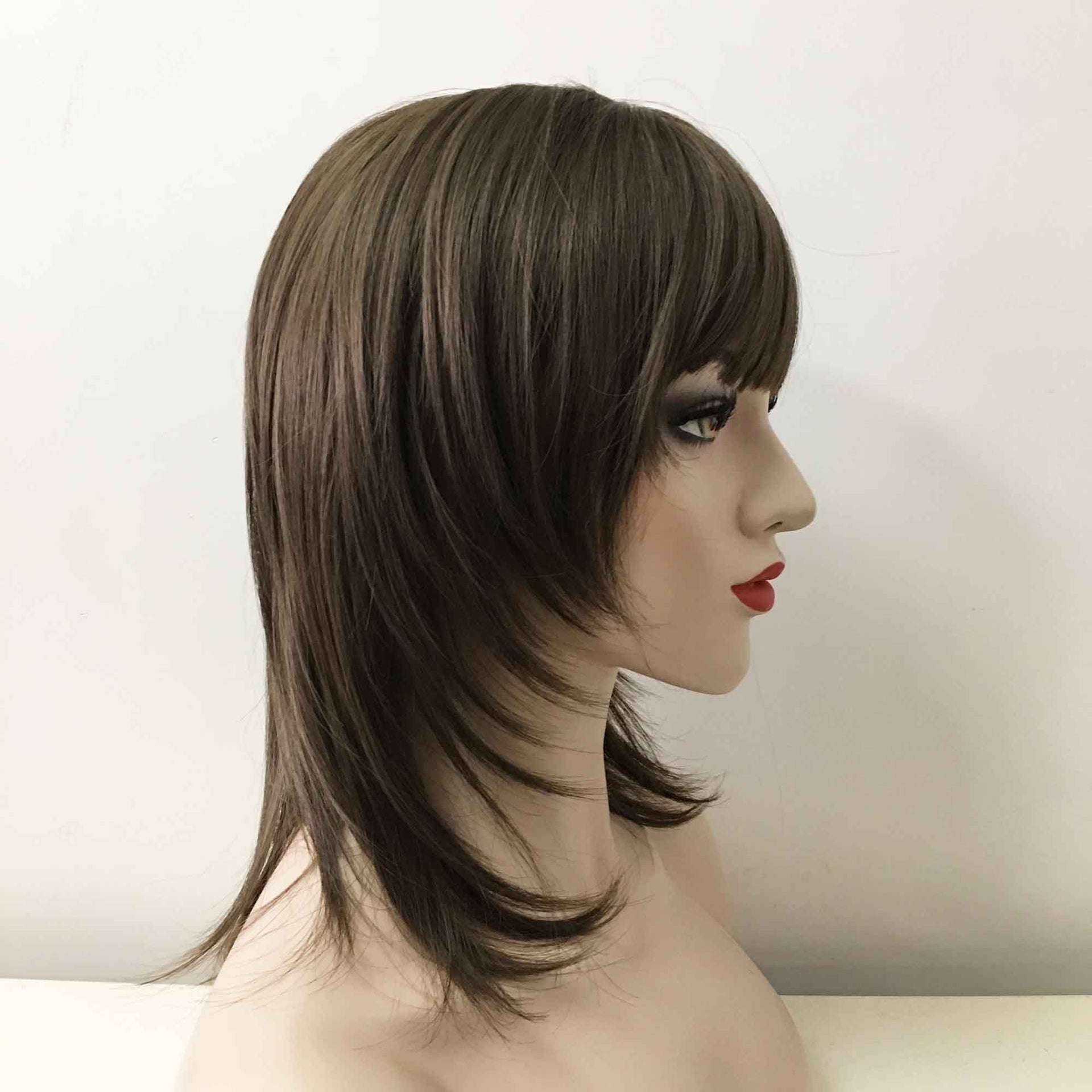 nevermindyrhead Women Dark Brown Medium Length Straight Fringe Bangs Mullet Wolf Cut Wig