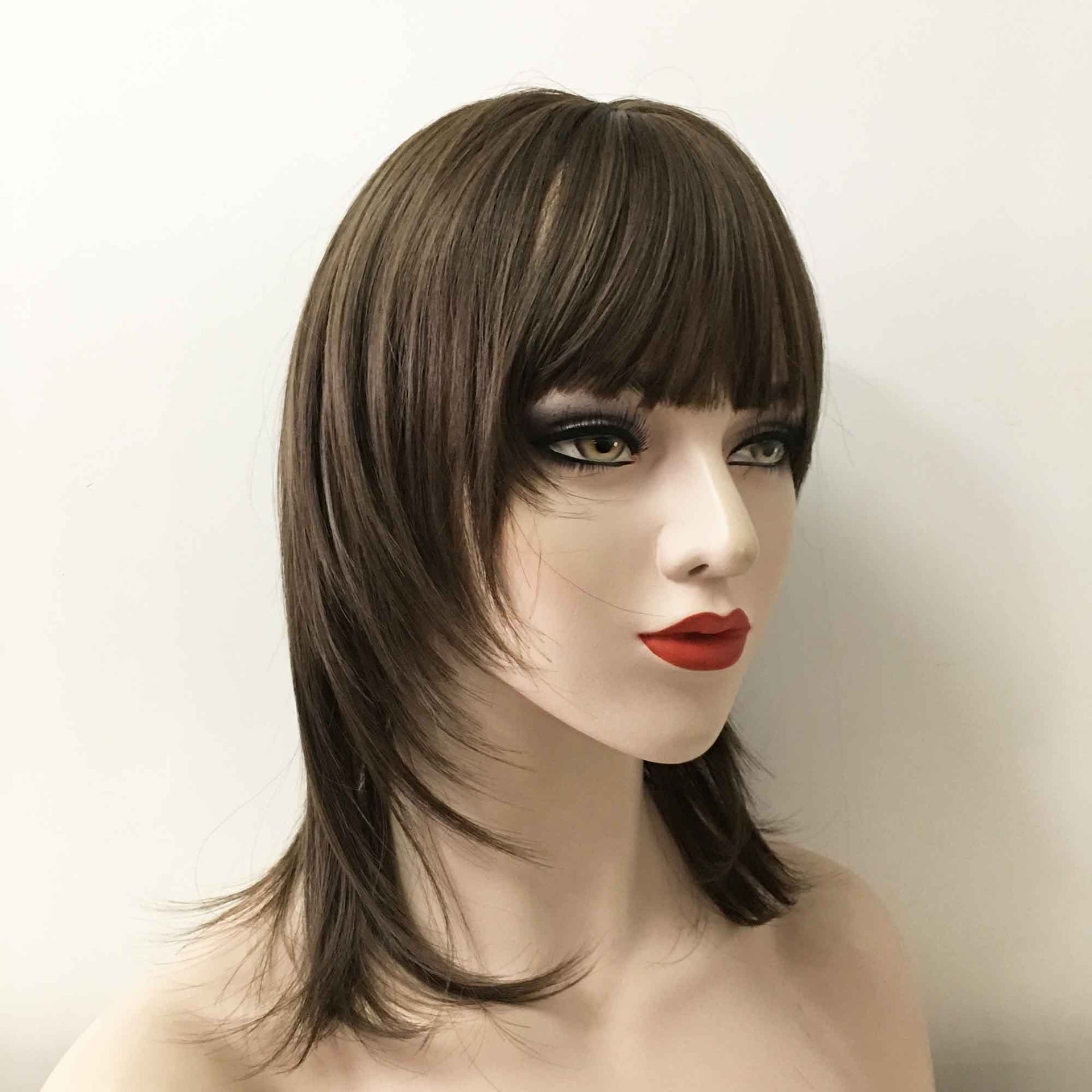 nevermindyrhead Women Dark Brown Medium Length Straight Fringe Bangs Mullet Wolf Cut Wig