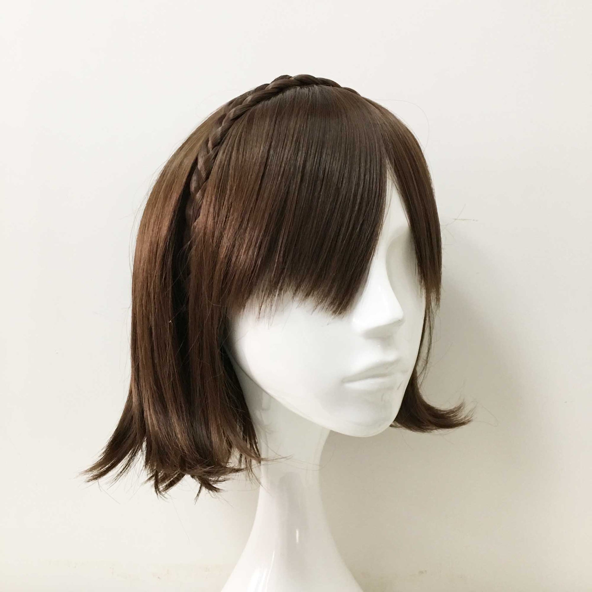 nevermindyrhead Women Dark Brown Short Straight Braided Headband Long Bangs Cosplay Wig