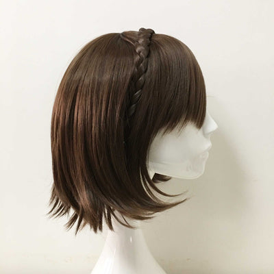 Women Dark Brown Short Straight Braided Headband Long Bangs Cosplay Wig