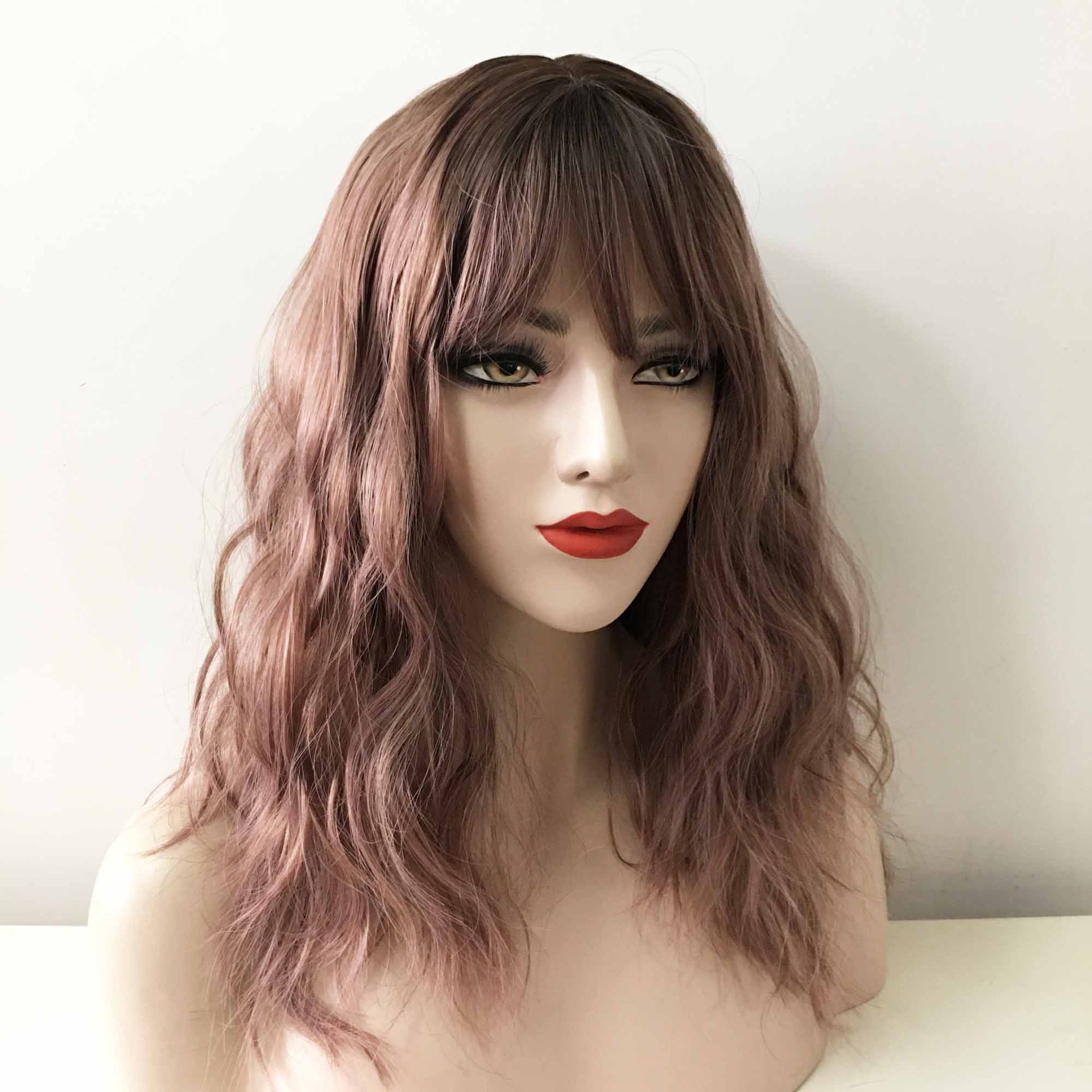 nevermindyrhead Women Dark Pink Dark Root Long Curly Fringe Bangs Choppy Wig