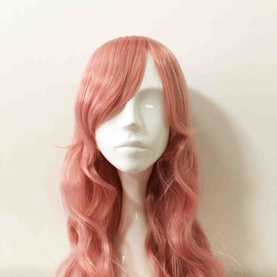 Women Dark Pink Long Curly Hair Side Swept Long Bangs Cosplay Anime Wig