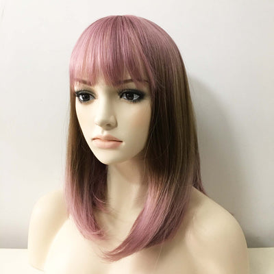 Women Dark Pink Ombre Brown Medium Length Straight Fringe Bangs Wig