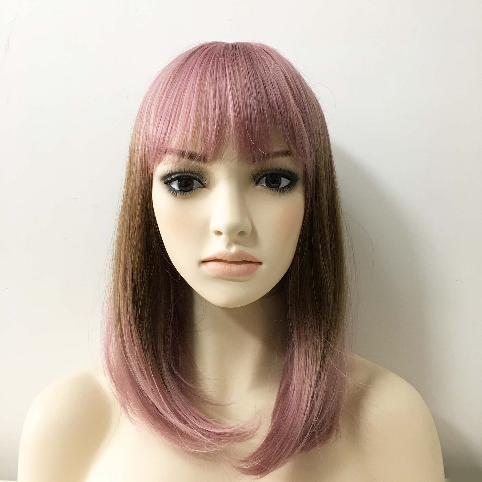 nevermindyrhead Women Dark Pink Ombre Brown Medium Length Straight Fringe Bangs Wig